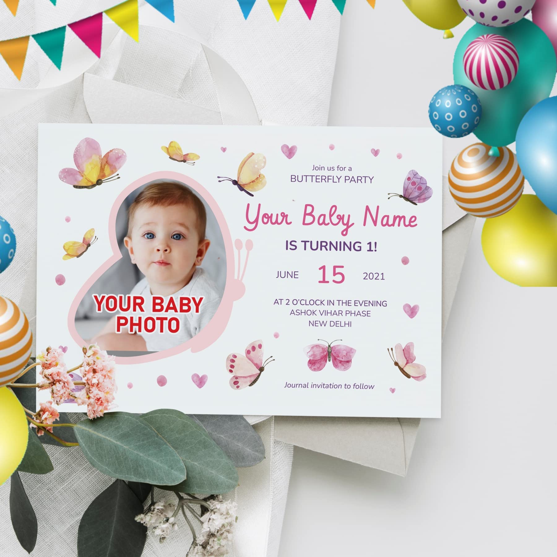 PrintFixels - Invitación de cumpleaños infantil personalizada con sobres I 50 tarjetas de invitación para niños con foto I Tarjeta de cumpleaños personalizada con temática de mariposa