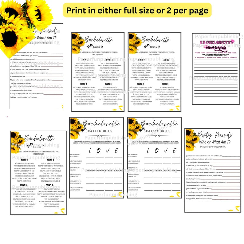 Sunflower Bachelorette Game Bundle, Dirty Bachelorette Party Game Printable, Name That Sex Toy Cock or Not, Bachelorette Dirty Games Instant