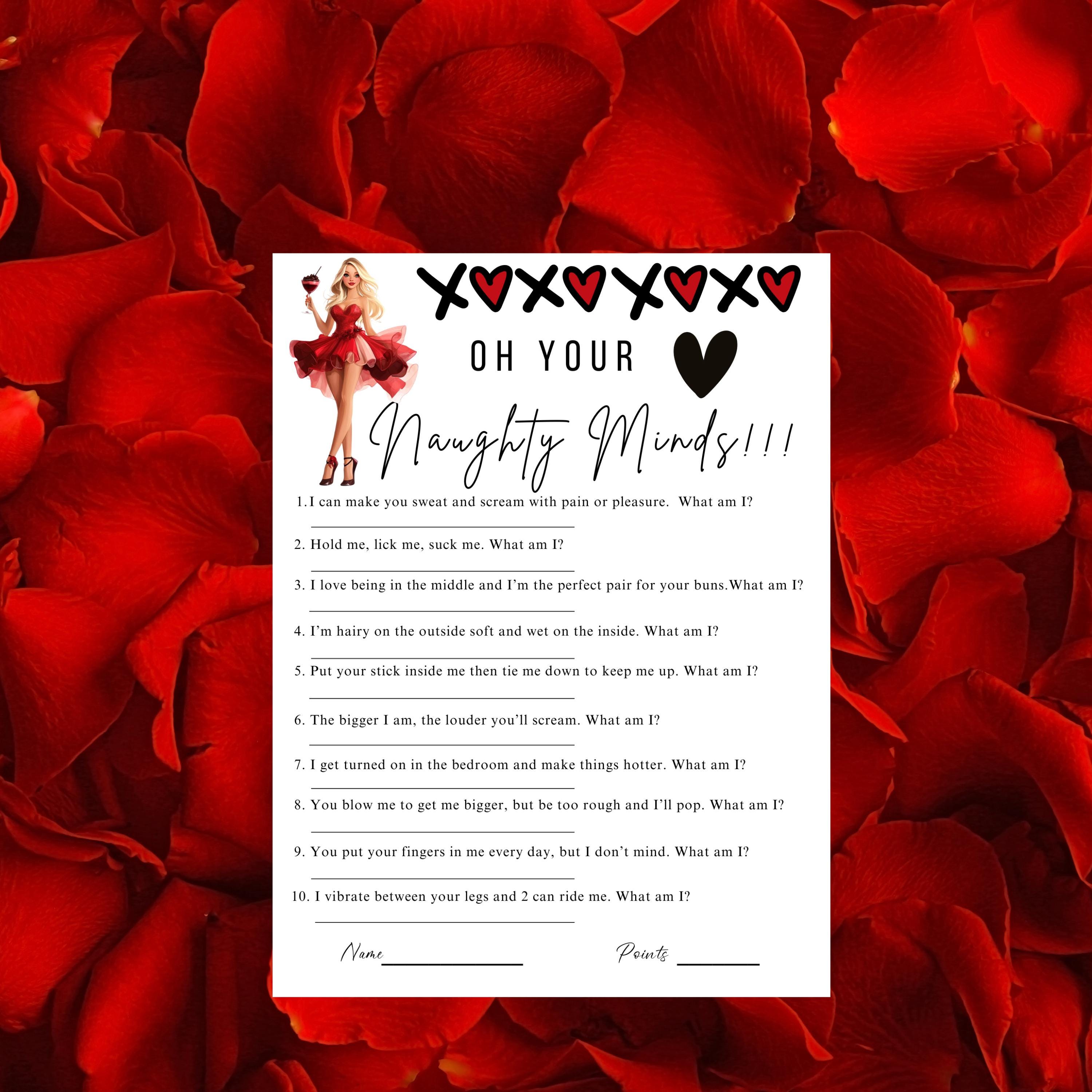 Girls Night Game, Galentines Party Game, Galentines Game, lady with red dress holding drinks,black x with red hearts across the top. Words Oh Your Naughty Minds, with 10 innocent questions that have innocent answers that may sound dirty but are not.