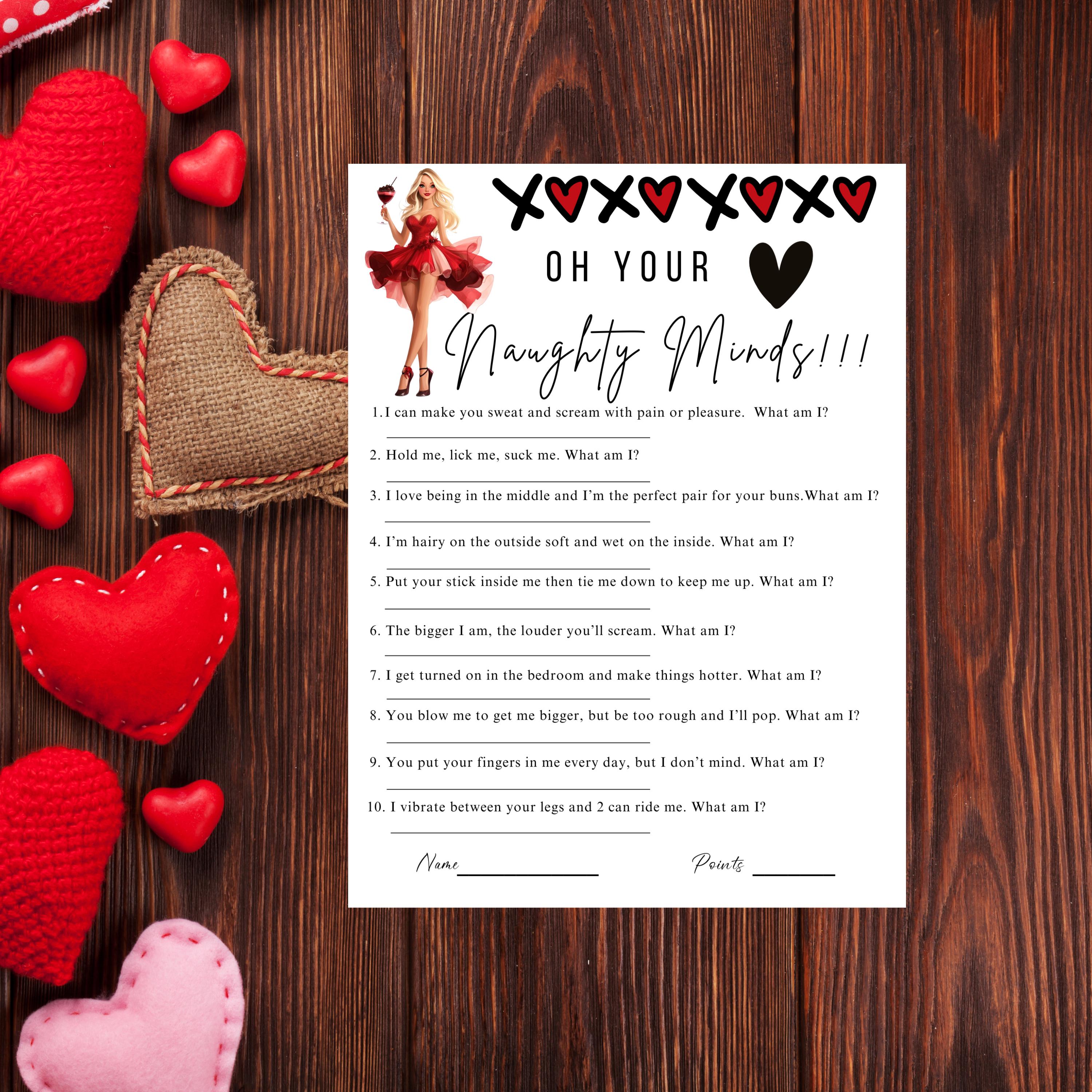 Girls Night Game, Galentines Party Game, Galentines Game, lady with red dress holding drinks,black x with red hearts across the top. Words Oh Your Naughty Minds, with 10 innocent questions that have innocent answers that may sound dirty but are not.