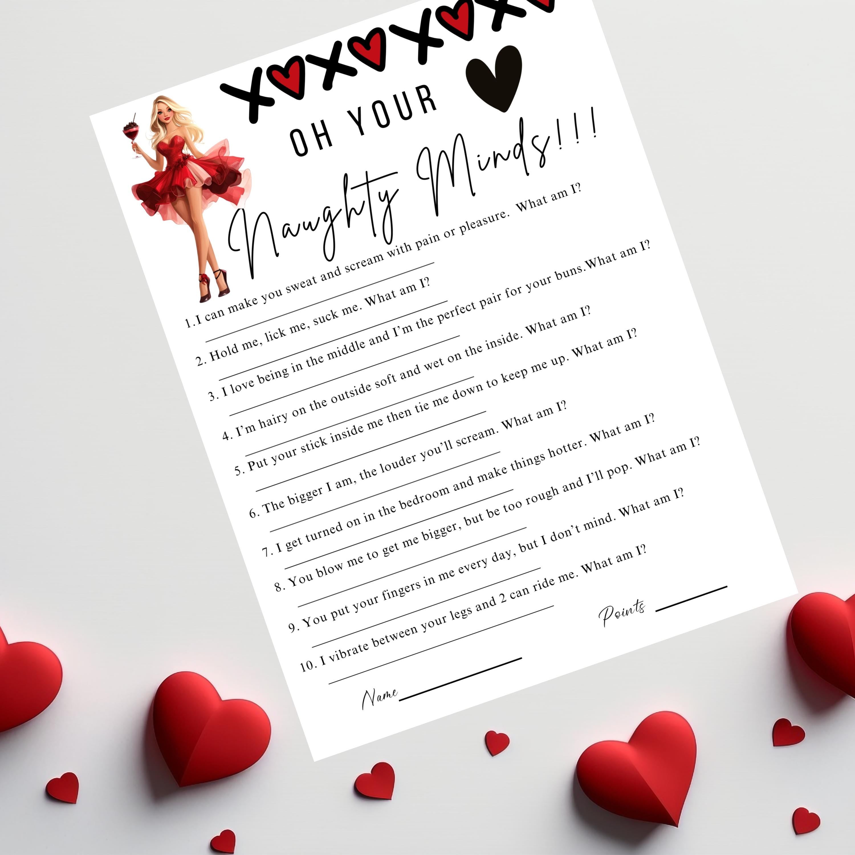 Girls Night Game, Galentines Party Game, Galentines Game, lady with red dress holding drinks,black x with red hearts across the top. Words Oh Your Naughty Minds, with 10 innocent questions that have innocent answers that may sound dirty but are not.