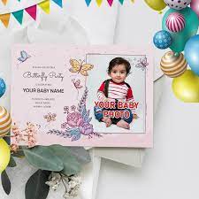 PrintFixels - Invitación de cumpleaños infantil personalizada con sobres I 50 tarjetas de invitación para niños con foto I Tarjeta de cumpleaños personalizada con temática de mariposa