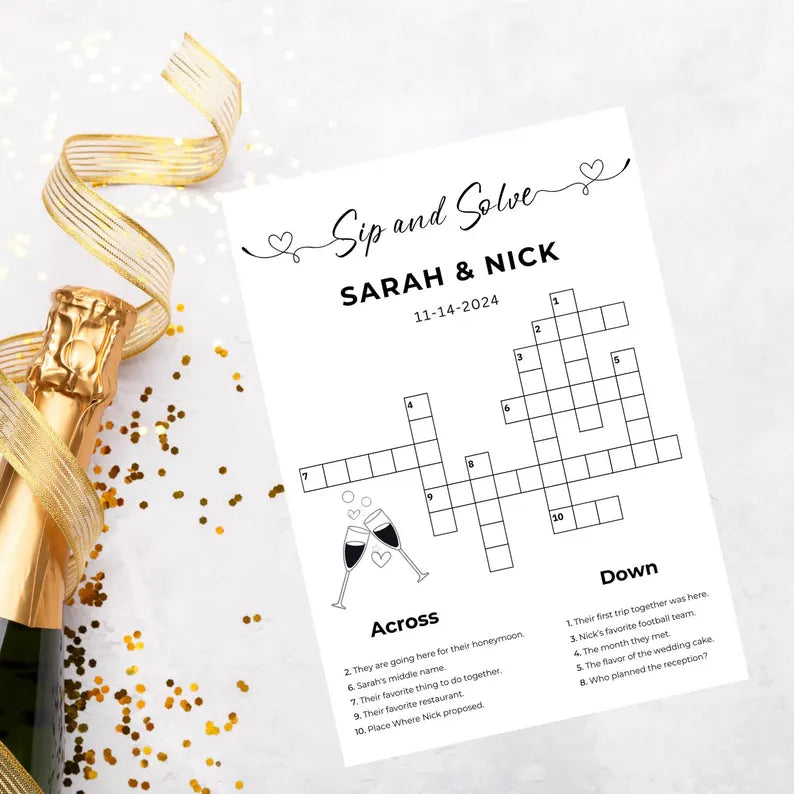 PRINTED Sip and Solve, Printed + Shipped, Modern Bridal Shower Games, Minimalist Bridal Shower Games, Wedding Games, Wedding Crossword Game