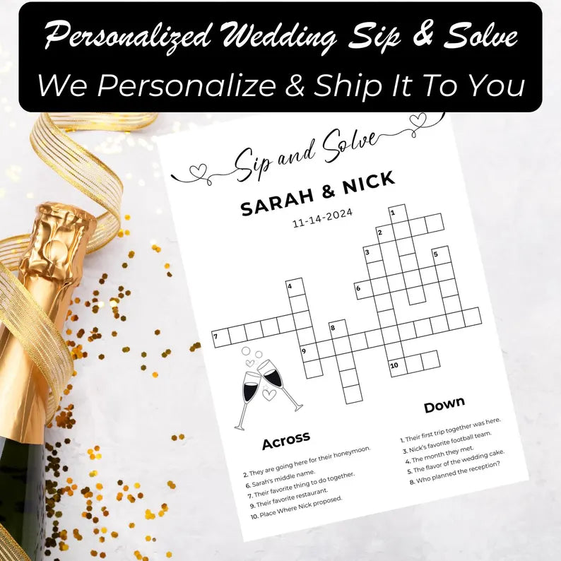 PRINTED Sip and Solve, Printed + Shipped, Modern Bridal Shower Games, Minimalist Bridal Shower Games, Wedding Games, Wedding Crossword Game