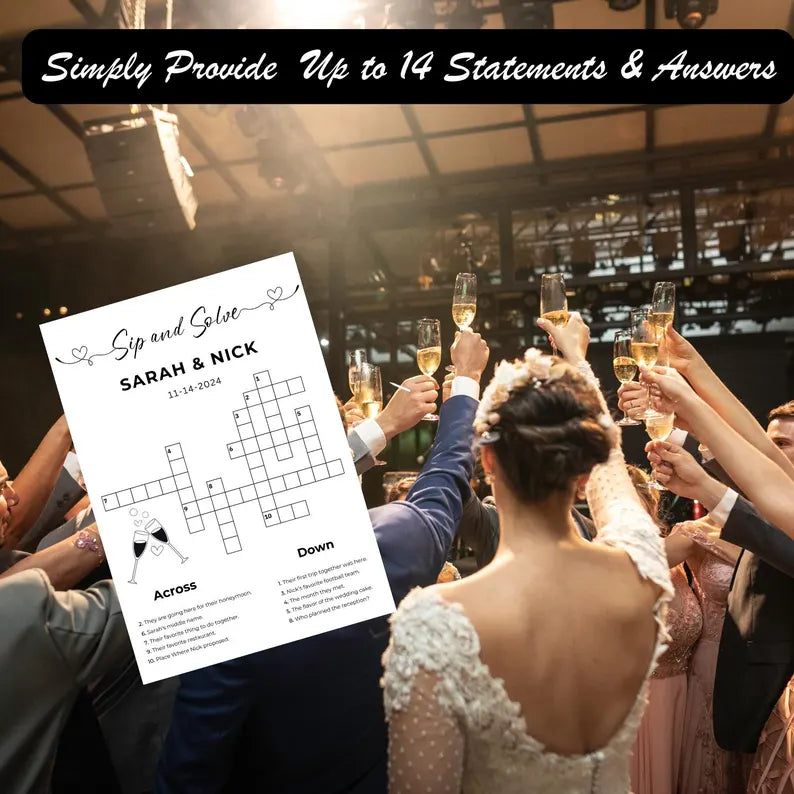 PRINTED Sip and Solve, Printed + Shipped, Modern Bridal Shower Games, Minimalist Bridal Shower Games, Wedding Games, Wedding Crossword Game