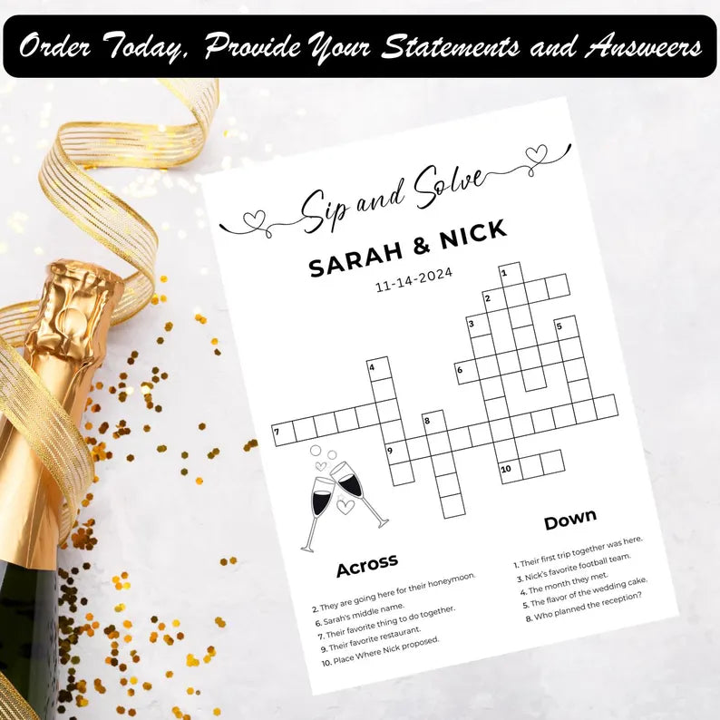 PRINTED Sip and Solve, Printed + Shipped, Modern Bridal Shower Games, Minimalist Bridal Shower Games, Wedding Games, Wedding Crossword Game